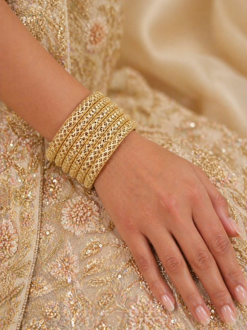 Chamak Honeycomb Dotwork Kada Set — set of 6 gold kada bangles with honeycomb dotwork pattern and diamond-cut faceting