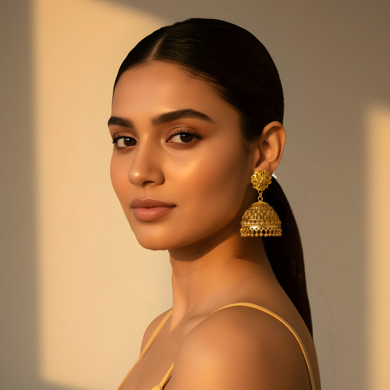 Gold Plated Filigree Jhumka Earrings worn by model - Jewellery by Aman