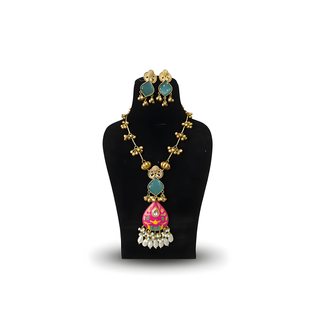 Kashmiri Pink Meenakari Long Necklace Set with teal earrings on display