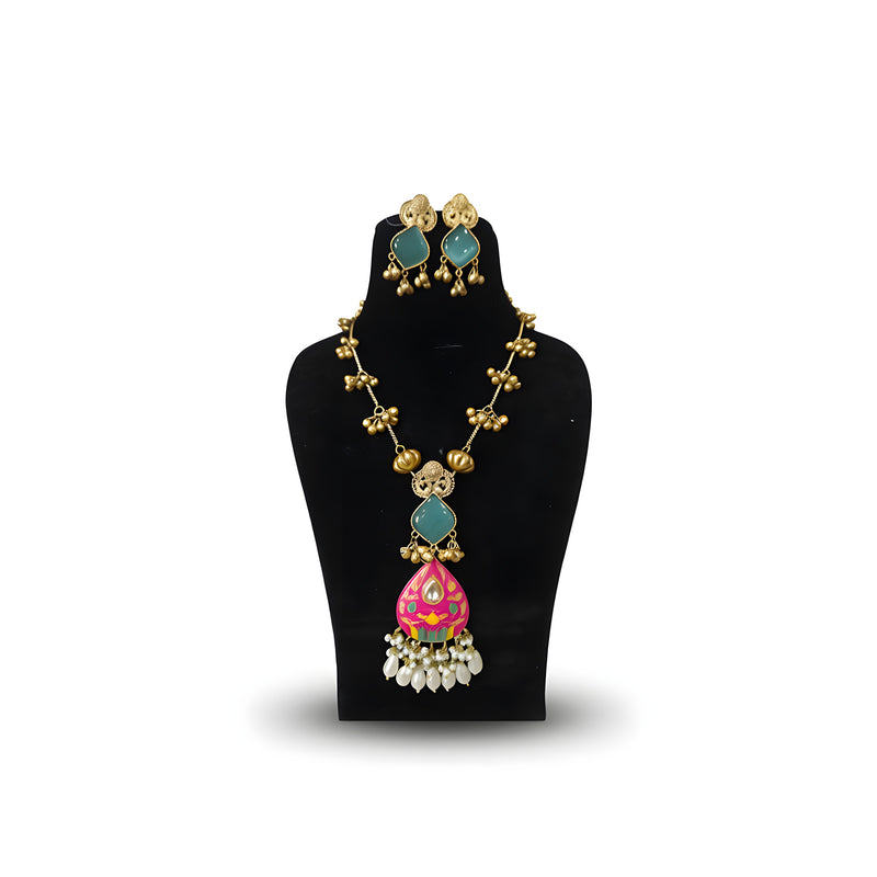 Kashmiri Pink Meenakari Long Necklace Set with teal earrings on display