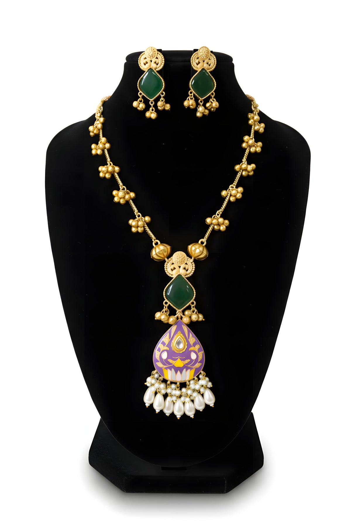 Kashmiri Purple Meenakari Long Necklace Set with green earrings on display