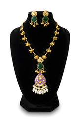 Kashmiri Purple Meenakari Long Necklace Set with green earrings on display