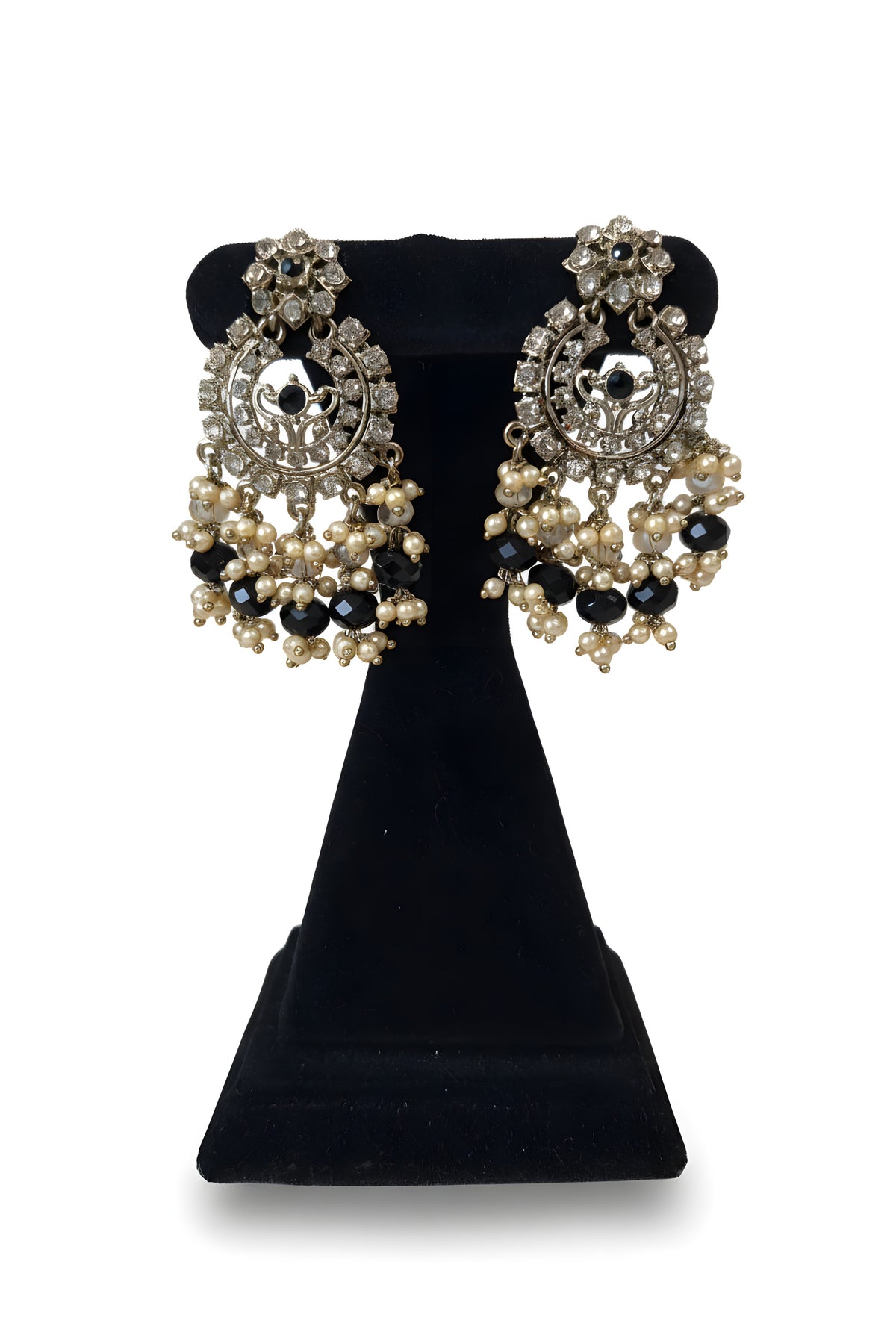 Close up of Black Polki Chandbali Earrings with onyx and pearl drops
