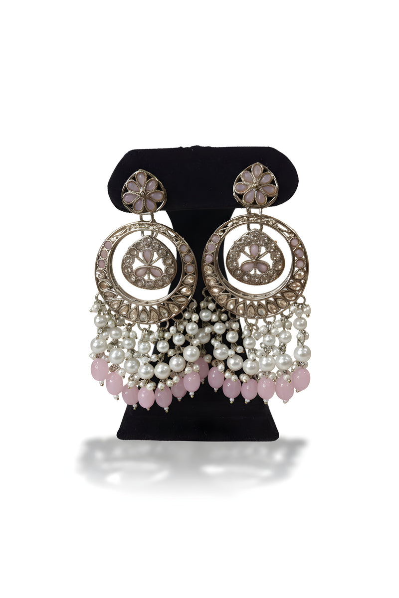 Pink Polki Chandbali Earrings with pearl and pink bead drops
