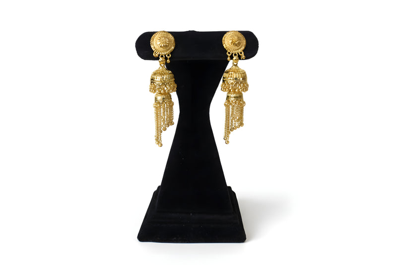 Gold plated double jhumka chain tassel earrings displayed on black velvet stand showing full detail