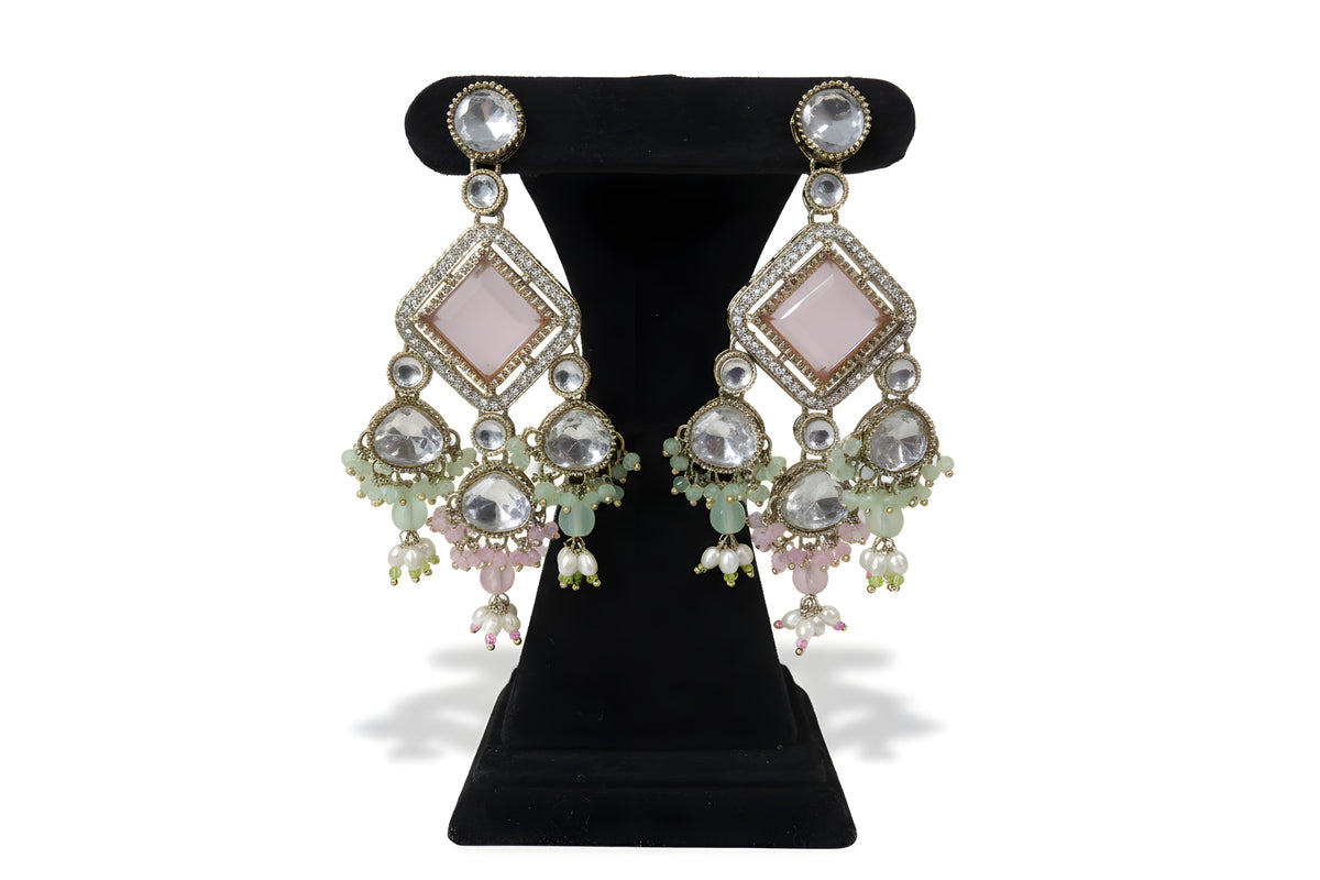 Pink mint kundan polki earrings close up with square mirror centre CZ halo and bead pearl fringe