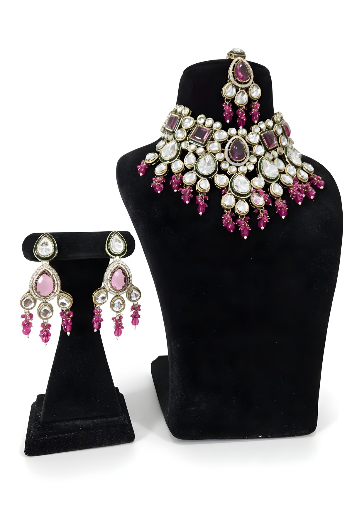 Pink ruby kundan polki wedding choker necklace set with chandelier earrings and maang tikka gold plated meenakari Jewellery by Aman