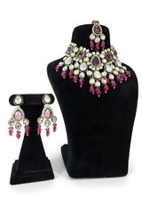 Pink ruby kundan polki wedding choker necklace set with chandelier earrings and maang tikka gold plated meenakari Jewellery by Aman