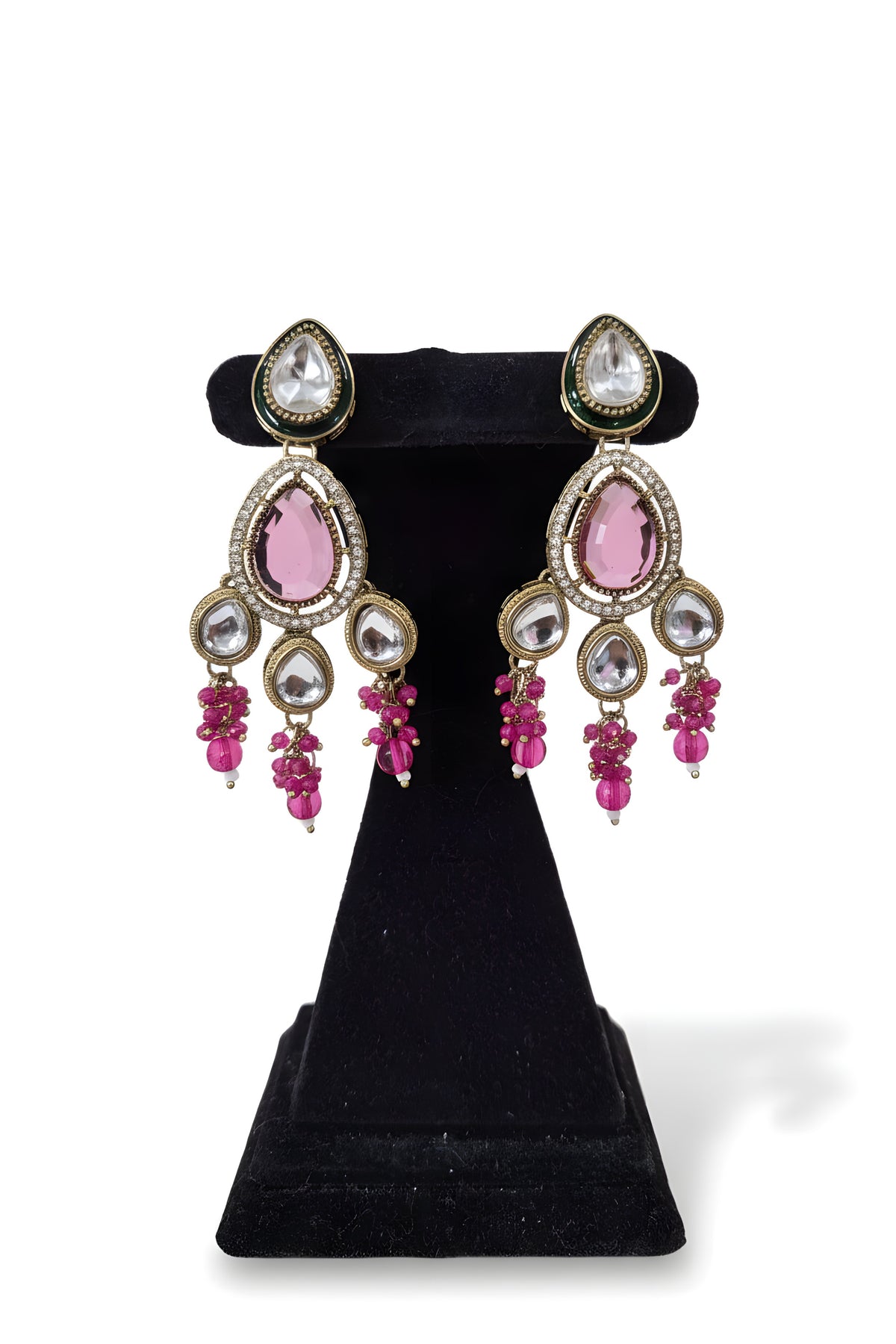 Pink ruby kundan chandelier earrings close up with fuchsia crystal bead drops and CZ halo gold plated Jewellery by Aman