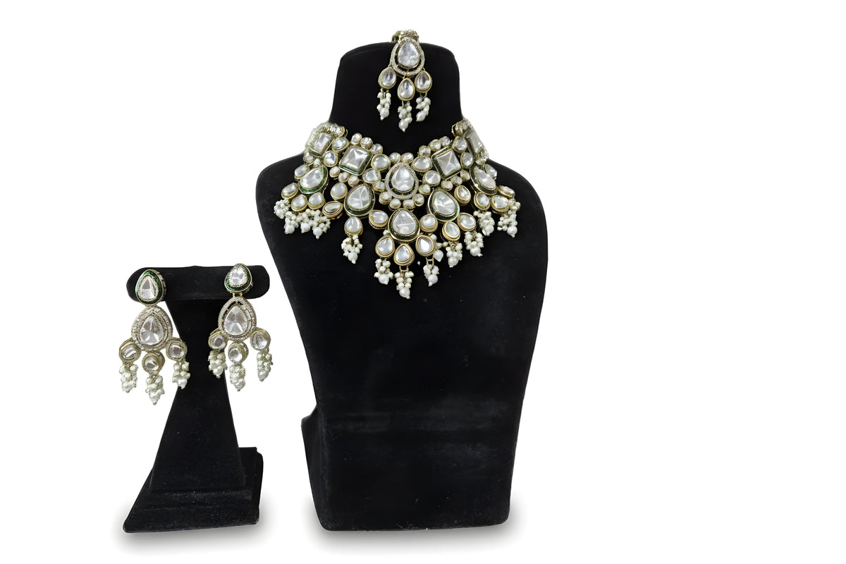 White pearl kundan polki wedding choker necklace set with chandelier earrings maang tikka pearl drops gold plated Jewellery by Aman