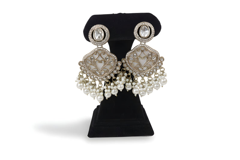 White pearl kundan meenakari filigree chandelier earrings with pearl bead drops gold plated Jewellery by Aman