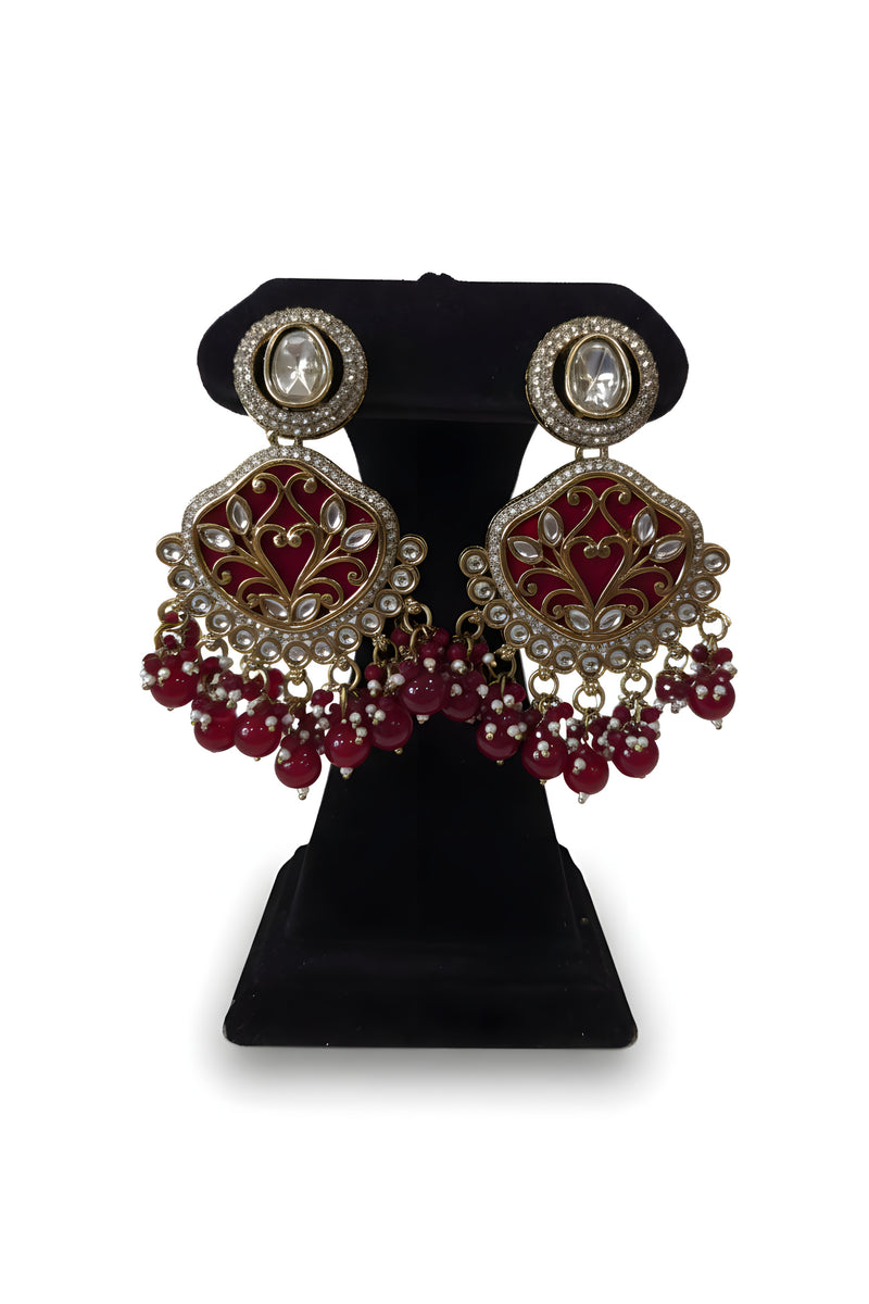 Ruby red kundan meenakari filigree chandelier earrings with red bead drops gold plated Jewellery by Aman