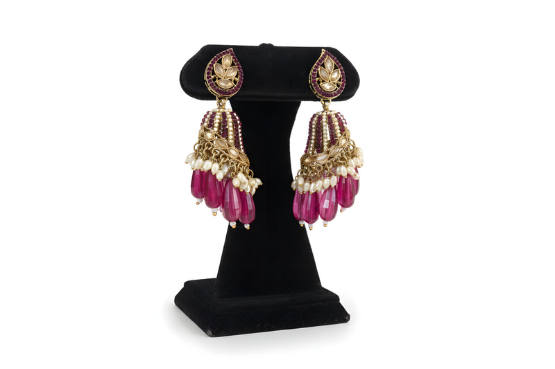 Pink magenta polki kundan dome jhumka earrings with fuchsia bead body and crystal drop fringe gold plated Jewellery by Aman