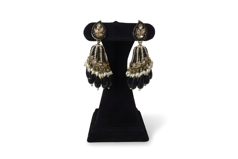 Black polki kundan dome jhumka earrings with black bead body oval drops and pearl clusters gold plated Jewellery by Aman