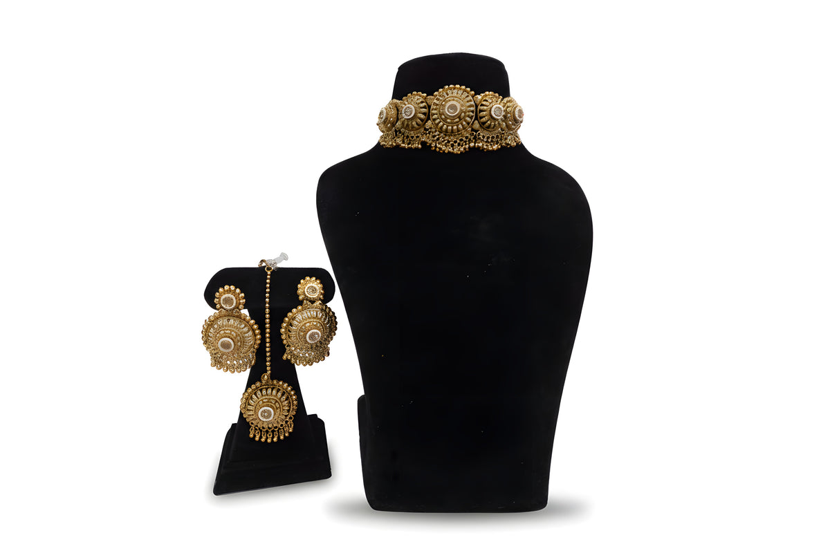 Antique gold temple medallion choker set full display with matching earrings and tikka Jewellery by Aman