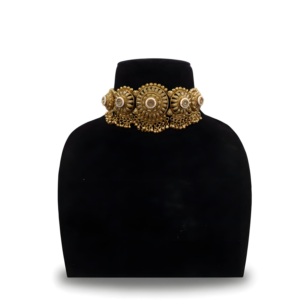 Antique gold temple medallion choker necklace close up with 5 circular disc motifs CZ pearl centres and gold ball fringe Jewellery by Aman