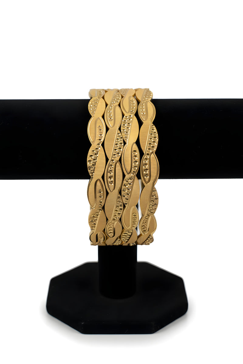 Gold plated lattice weave bangles set of 4 front view interlocking marquise leaf links diamond cut detailing Jewellery by Aman
