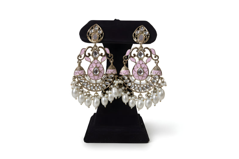 Blush pink meenakari kundan chandbali earrings with lotus teardrop and white pearl drops gold plated