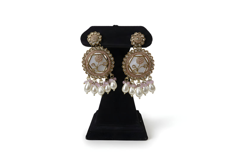 Blush pink polki chandbali earrings with mother of pearl hexagon floral motif and pearl drops gold plated