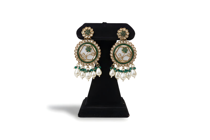 Multi-colour polki chandbali earrings with mother of pearl hexagon floral motif mixed crystal and pearl drops