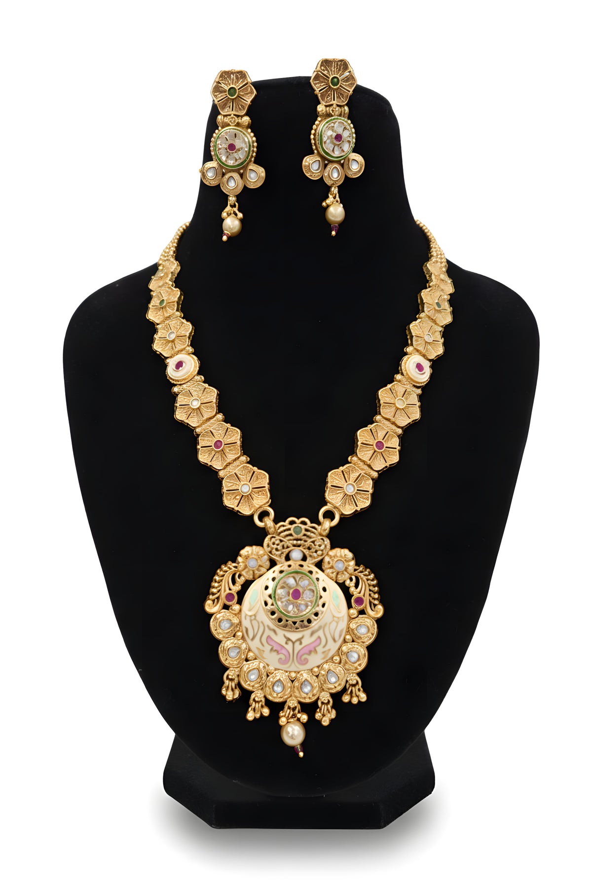 Gold plated floral link chain long necklace with meenakari chandbali pendant ruby polki stones and matching earrings full set