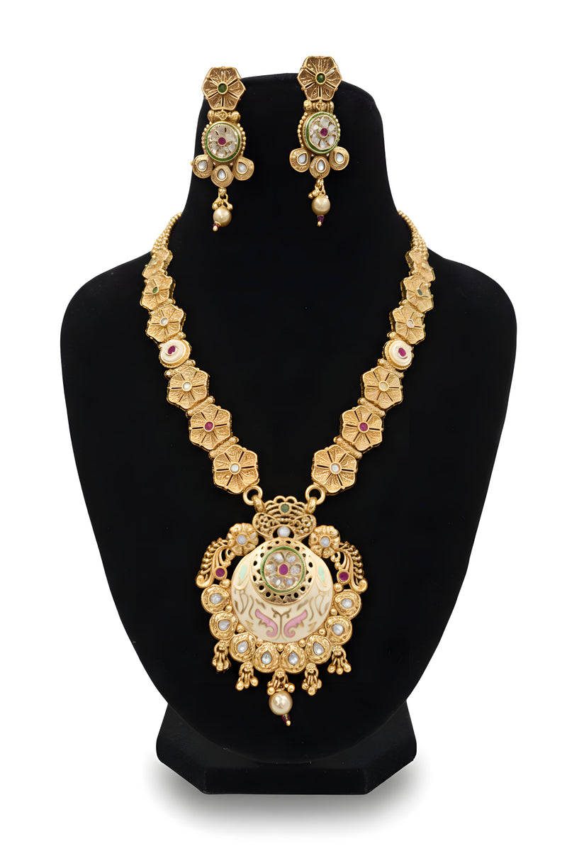 Gold plated floral link chain long necklace with meenakari chandbali pendant ruby polki stones and matching earrings full set