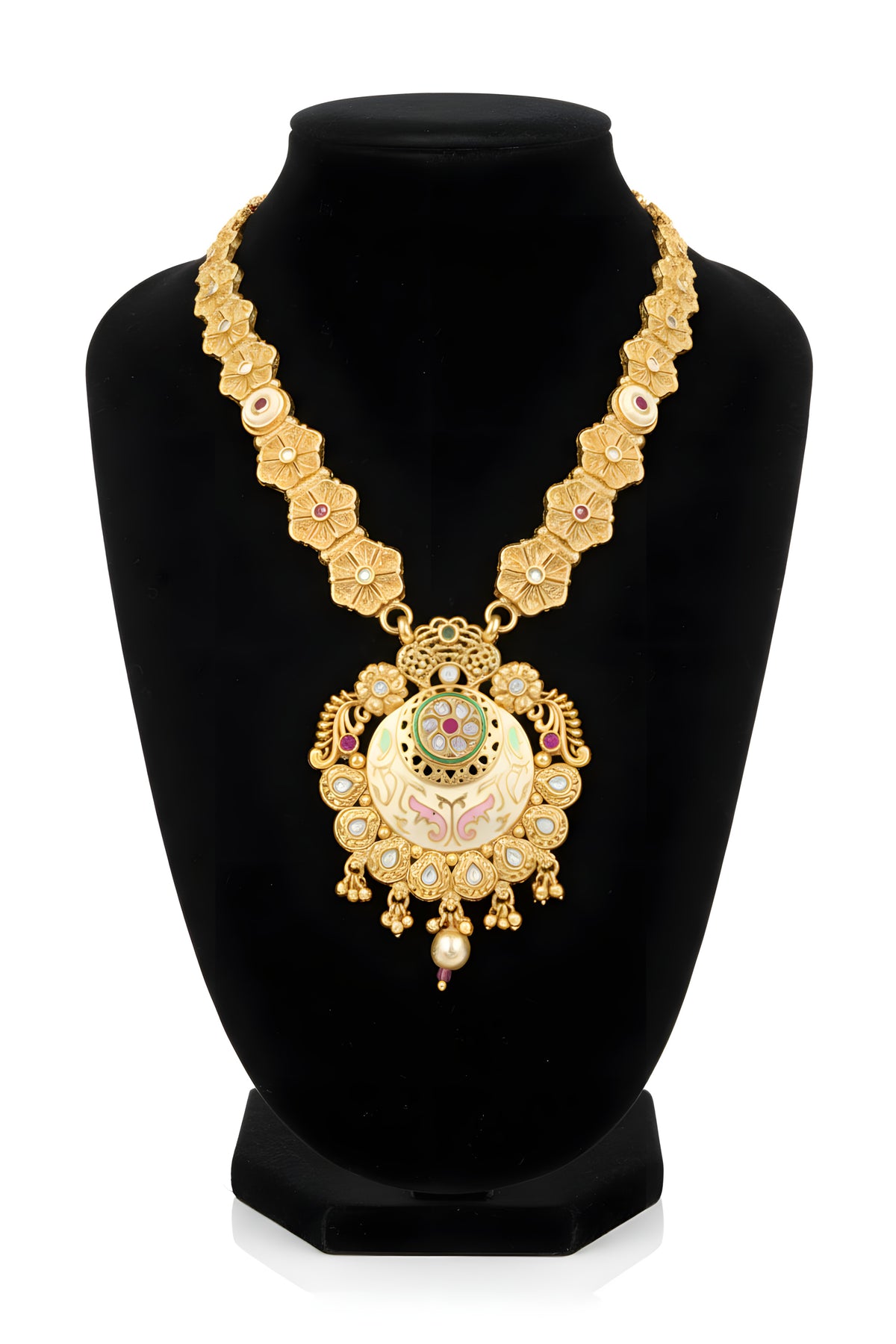 Close up of gold plated meenakari pendant with cream ivory enamel pink scrollwork ruby emerald polki stones and pearl drop