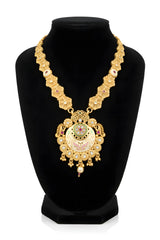 Close up of gold plated meenakari pendant with cream ivory enamel pink scrollwork ruby emerald polki stones and pearl drop