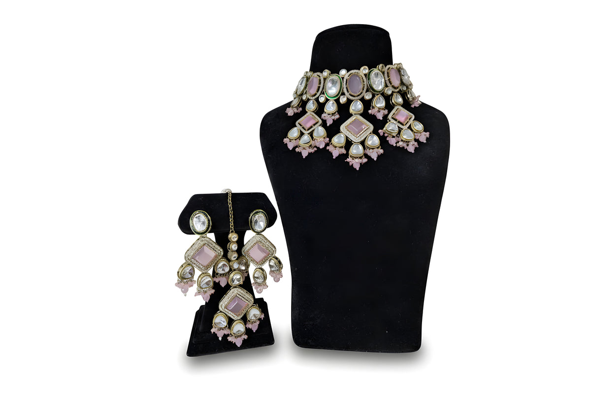Blush pink kundan choker set with diamond geometric drop tier polki stones and matching earrings tikka full set