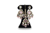 Close up blush pink kundan earrings and tikka with diamond CZ pave centre stone and pink crystal drops