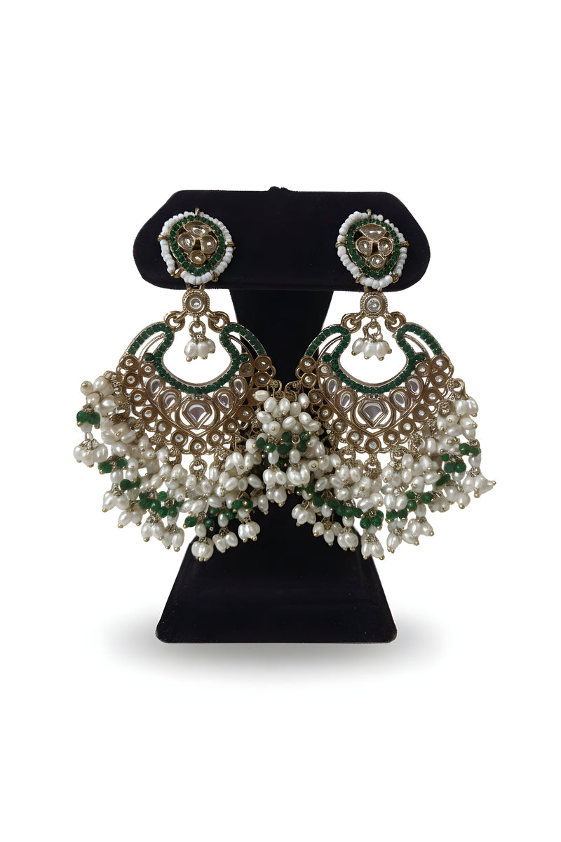 Emerald green kundan chandbali earrings with peacock filigree frame freshwater pearl and green crystal fringe