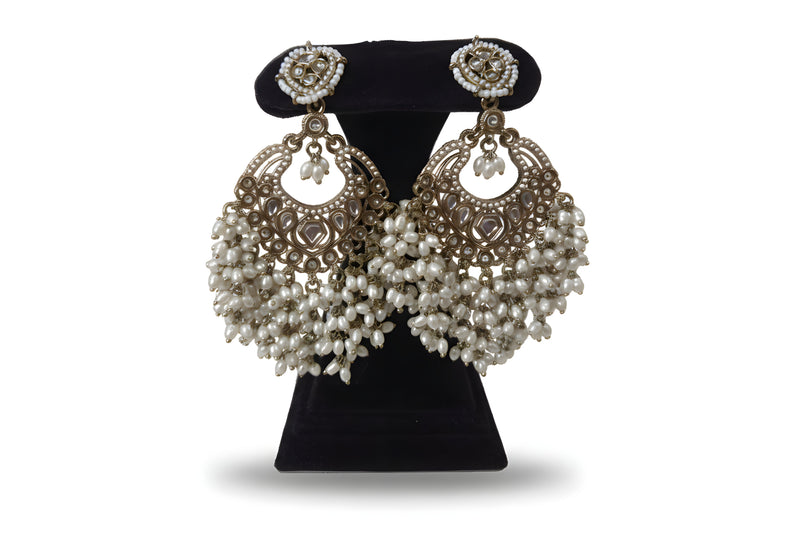Classic ivory kundan chandbali earrings with peacock filigree frame pure white freshwater pearl fringe bridal