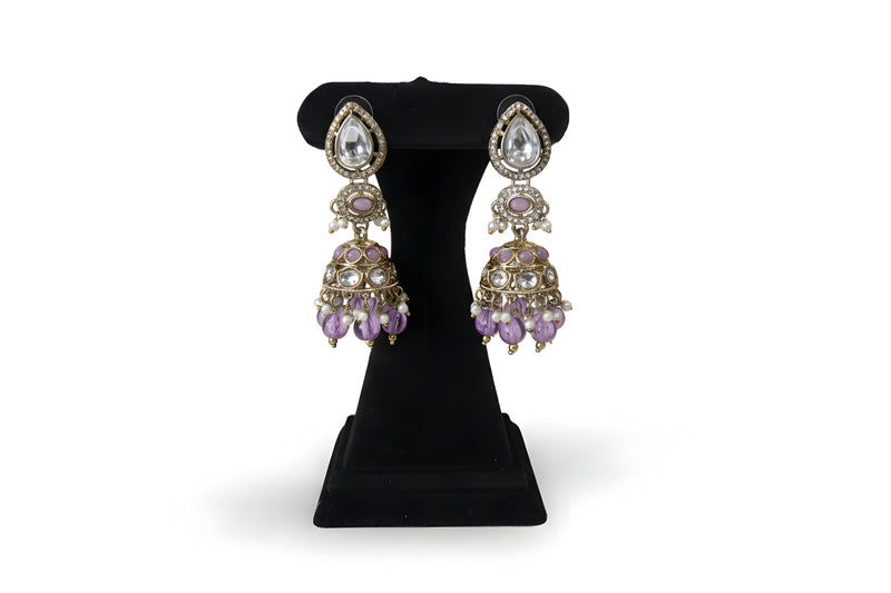 Lilac purple kundan jhumka earrings with teardrop polki stud CZ halo and lilac crystal bead pearl fringe