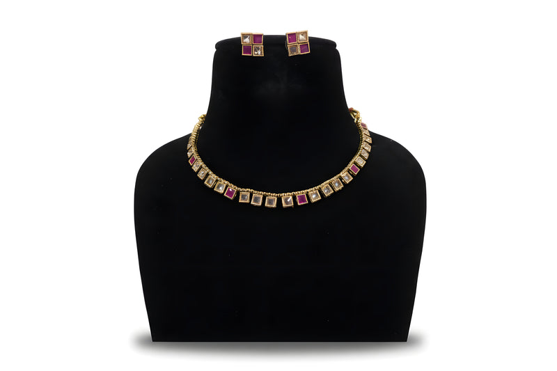 Gold plated ruby and polki alternating square tennis choker necklace with matching stud earrings full set