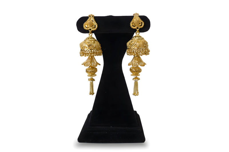 Gold plated multi tier jhumka earrings with spade stud filigree dome lotus petal tier and chain tassel fringe