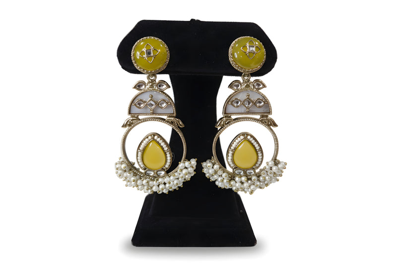 Sunshine yellow kundan chandbali earrings with mother of pearl arch yellow teardrop stone and seed pearl fringe
