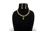 Gold plated multi colour leaf fringe choker necklace set with ruby emerald clear stones flower pendant pearl drop and earrings
