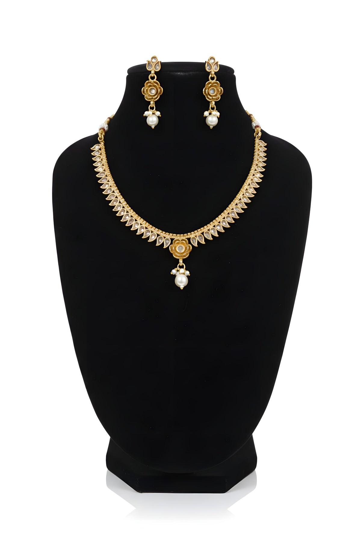 Gold plated classic polki leaf fringe choker necklace set with all clear stones flower pendant pearl drop and matching earrings