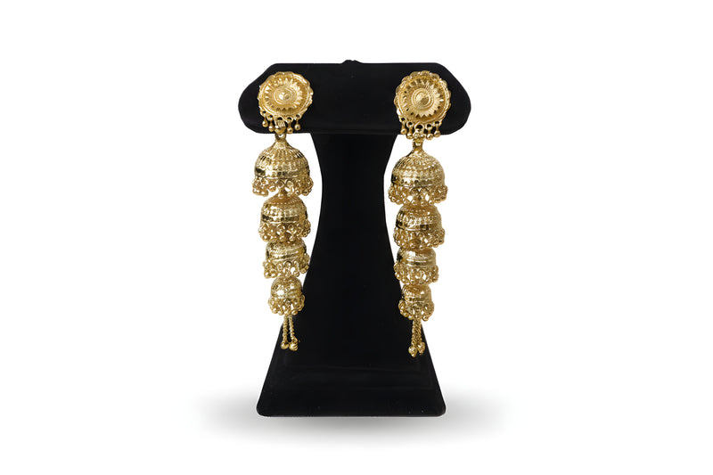 Gold plated triple tier cascading jhumka earrings with sunburst disc stud three graduated jhumka bells and gold bead tassel