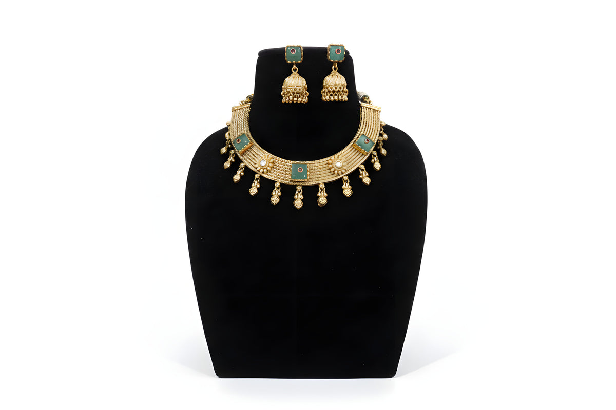 Gold plated mint green kundan choker necklace and jhumka earring set full view
