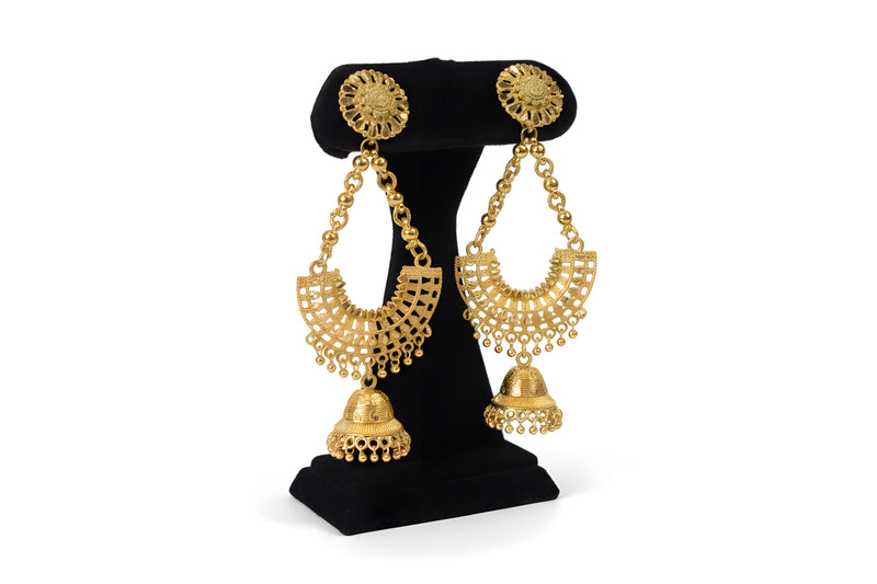 Gold plated three tier filigree chandbali jhumka earrings with crescent drop on black display stand - Jewellery by Aman
