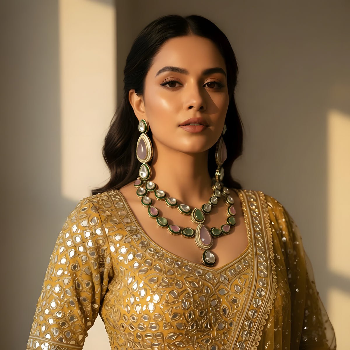 South Asian woman wearing pink white polki kundan wedding choker set with long earrings and tikka on gold lehenga