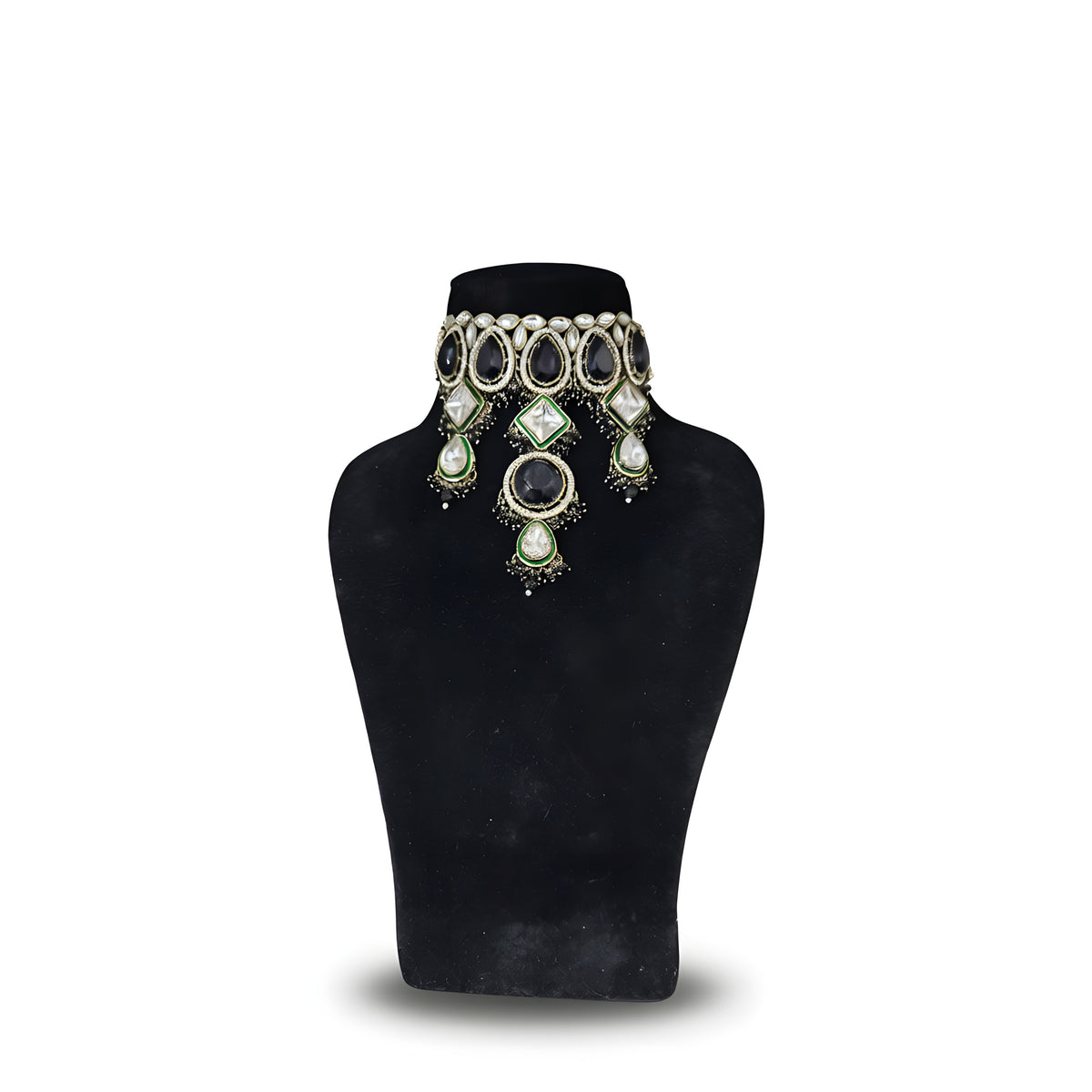 Jet black kundan wedding choker necklace  on black display stand
