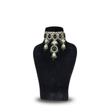Jet black kundan wedding choker necklace  on black display stand