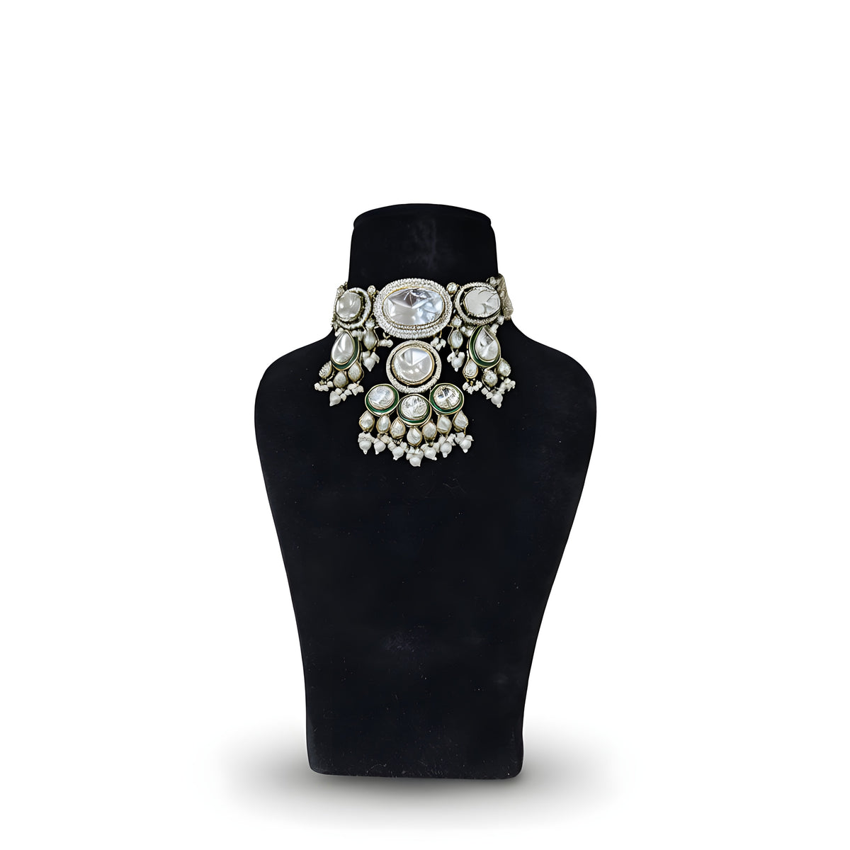Polki kundan wedding choker necklace with pearl drops on black display stand
