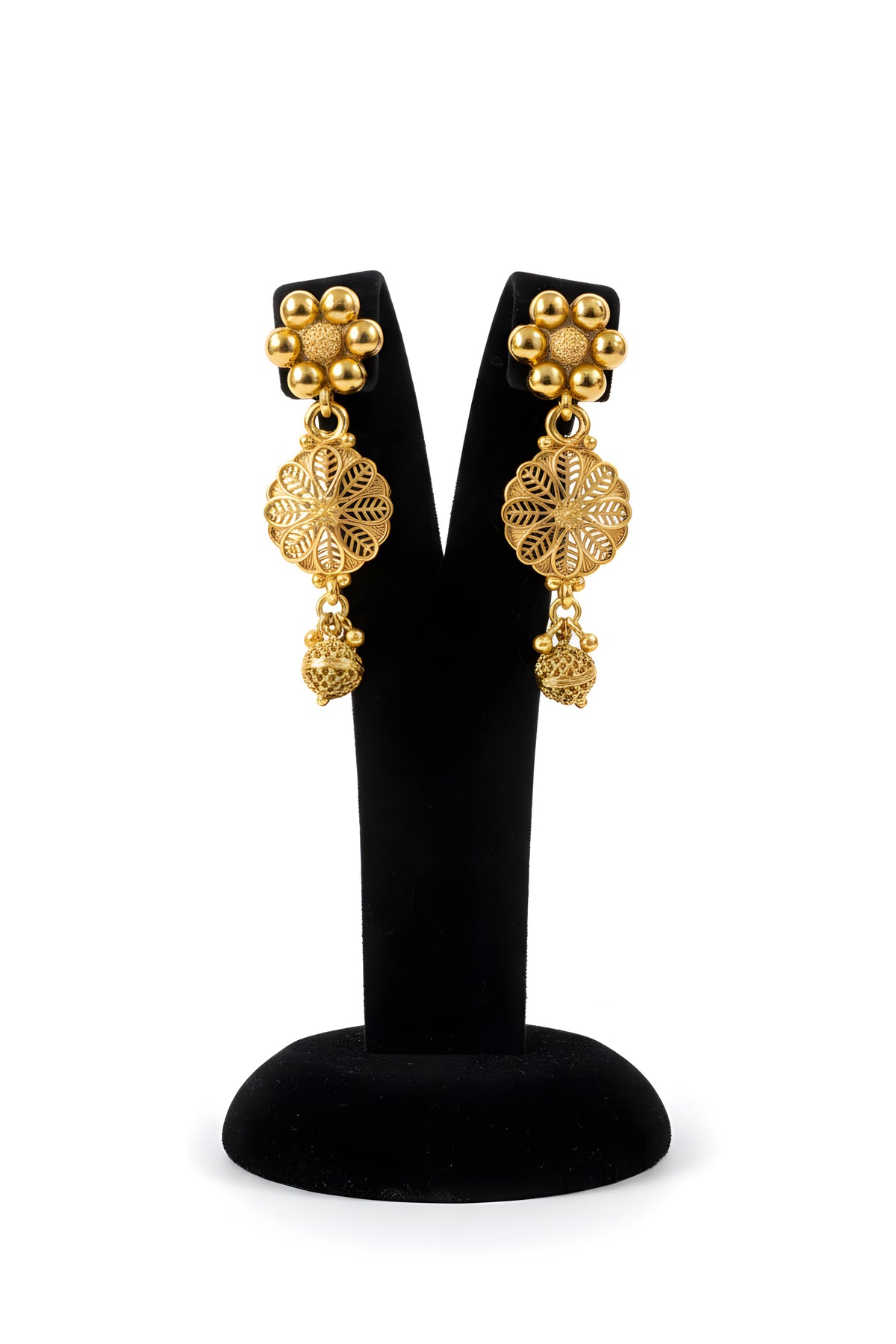 Close up of gold plated filigree flower choker necklace and matching drop earrings - Jewellery by Aman