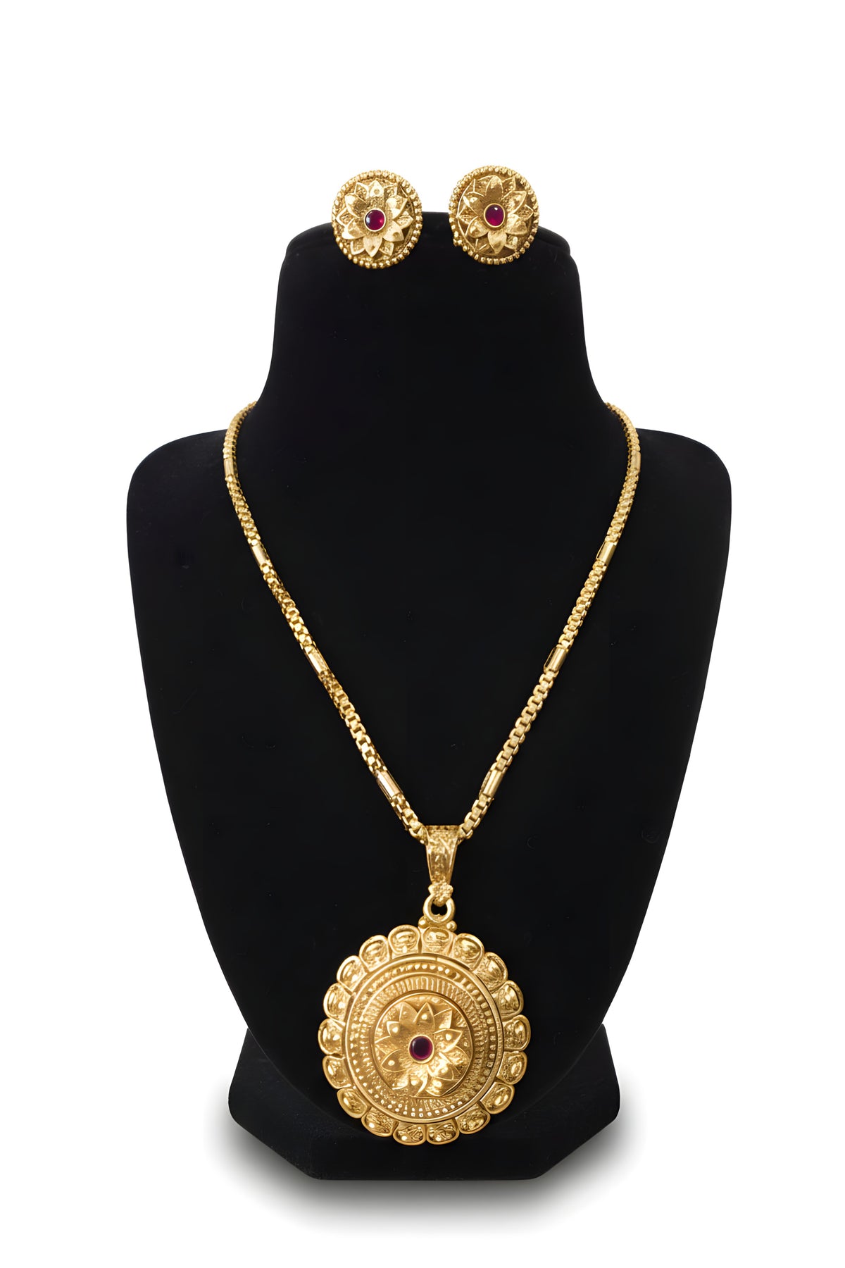 Gold plated lotus medallion pendant necklace with box chain and matching round lotus stud earrings on black display