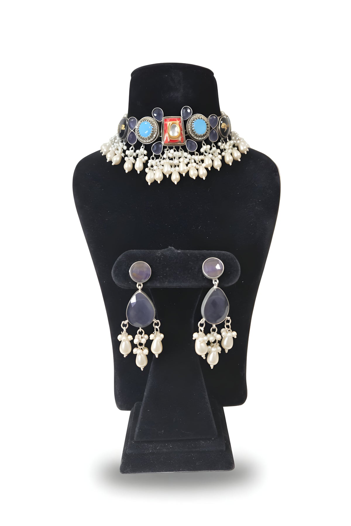 Rangeen Multicolour Kundan Pearl Choker Set - Jewellery set on display stand