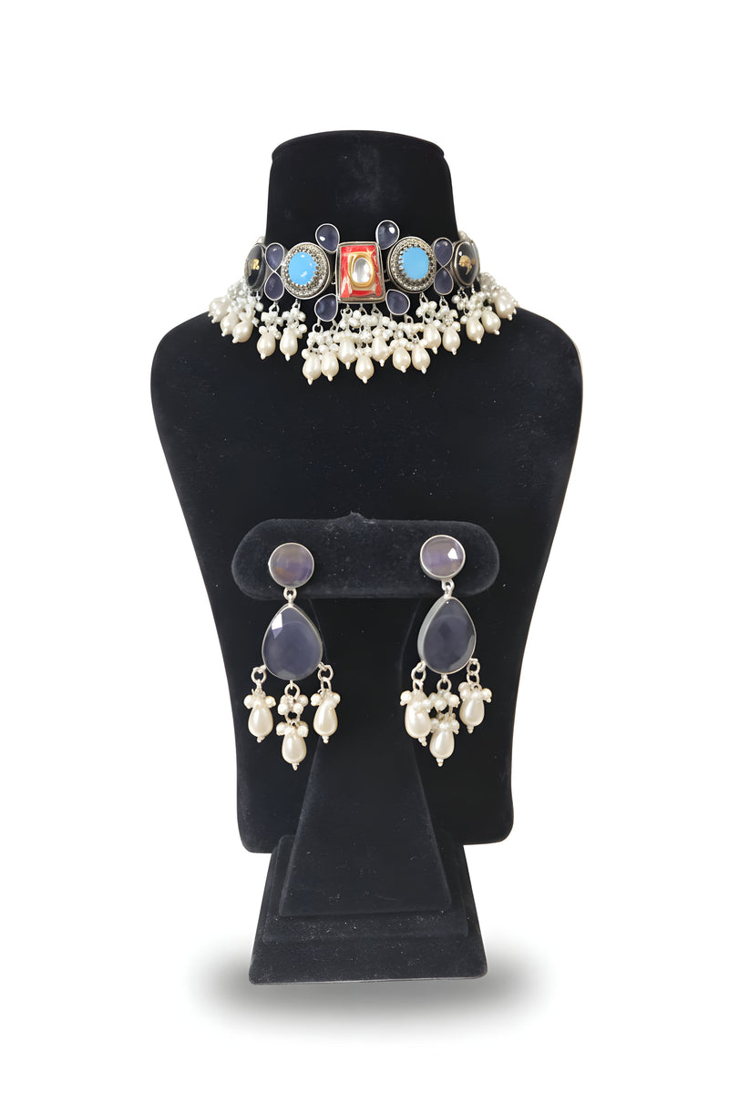 Rangeen Multicolour Kundan Pearl Choker Set - Jewellery set on display stand
