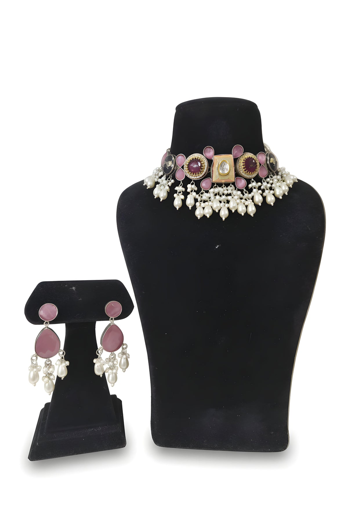 Gulnaar Rose Kundan Pearl Choker Set - Jewellery set on display stand
